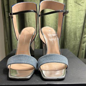 Giuseppe Zanotti Blue Patent Leather and Denim Sandal